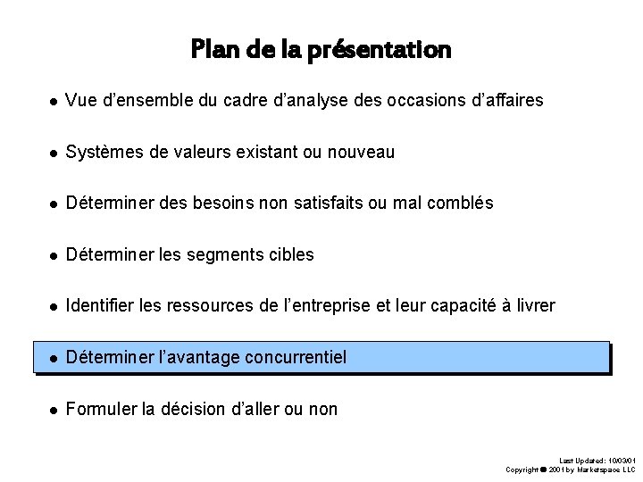 Plan de la présentation Vue d’ensemble du cadre d’analyse des occasions d’affaires Systèmes de