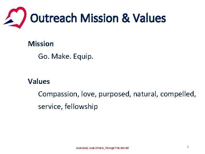 Outreach Mission & Values Mission Go. Make. Equip. Values Compassion, love, purposed, natural, compelled,