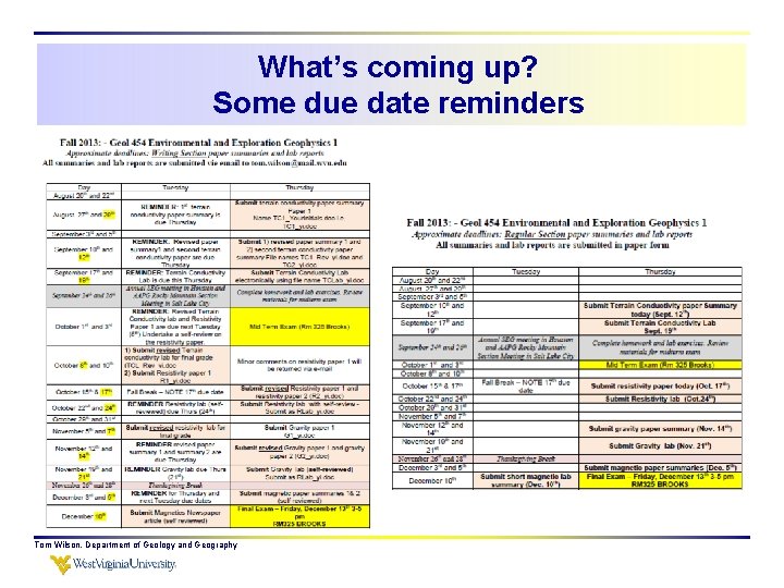 What’s coming up? Some due date reminders Tom Wilson, Department of Geology and Geography