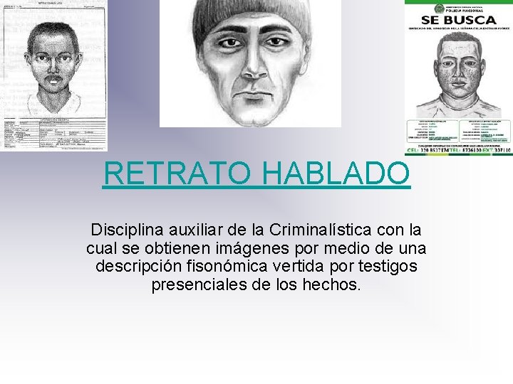 RETRATO HABLADO Disciplina auxiliar de la Criminalística con la cual se obtienen imágenes por