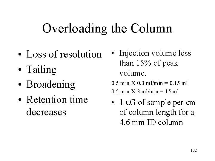 Overloading the Column • • Loss of resolution • Injection volume less than 15%
