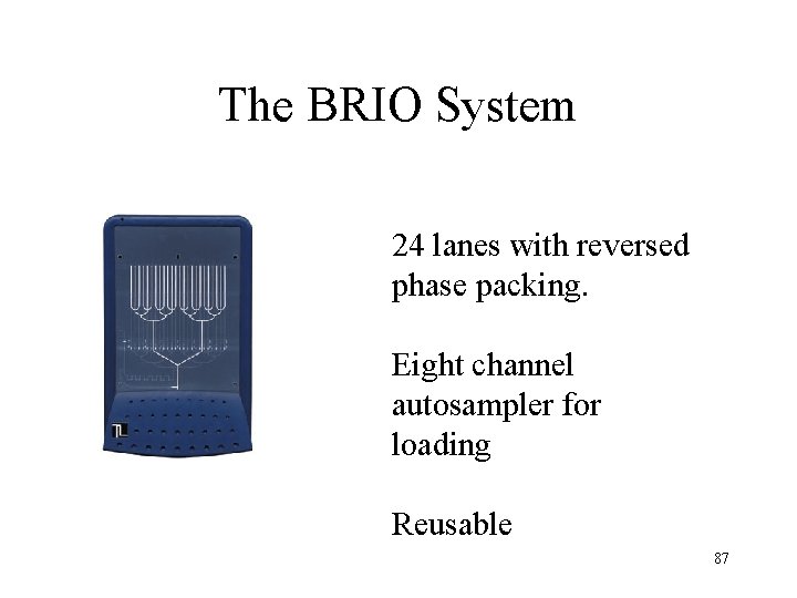 The BRIO System 24 lanes with reversed phase packing. Eight channel autosampler for loading