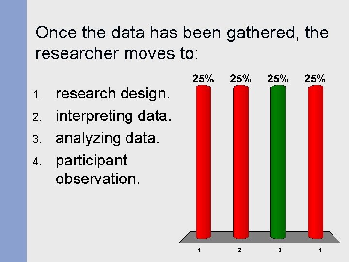 Once the data has been gathered, the researcher moves to: 1. 2. 3. 4. Once the data has been gathered, the researcher moves to: 1. 2. 3. 4.