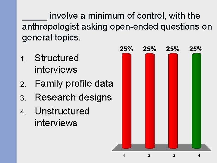 _____ involve a minimum of control, with the anthropologist asking open-ended questions on general _____ involve a minimum of control, with the anthropologist asking open-ended questions on general