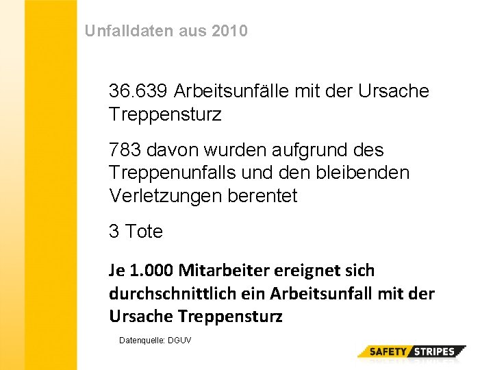 Unfalldaten aus 2010 36. 639 Arbeitsunfälle mit der Ursache Treppensturz 783 davon wurden aufgrund