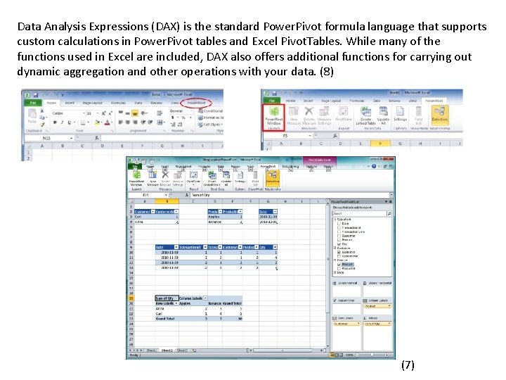 Data Analysis Expressions (DAX) is the standard Power. Pivot formula language that supports custom