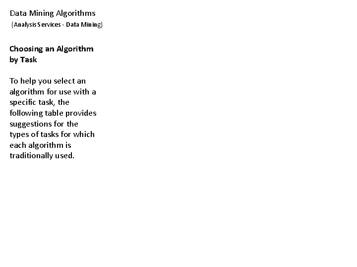 Data Mining Algorithms (Analysis Services - Data Mining) Choosing an Algorithm by Task To