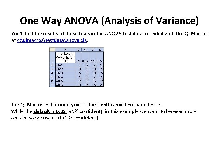 One Way ANOVA (Analysis of Variance) You'll find the results of these trials in