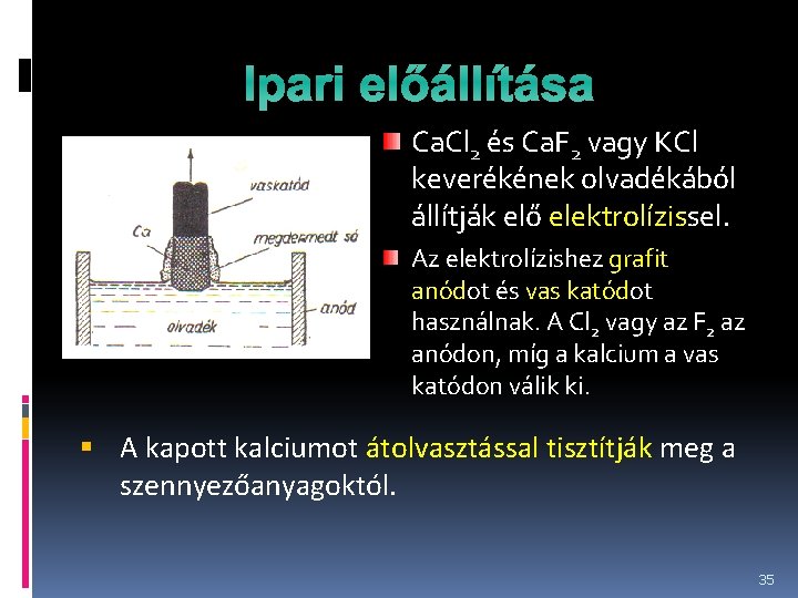 Ipari előállítása Ca. Cl 2 és Ca. F 2 vagy KCl keverékének olvadékából állítják