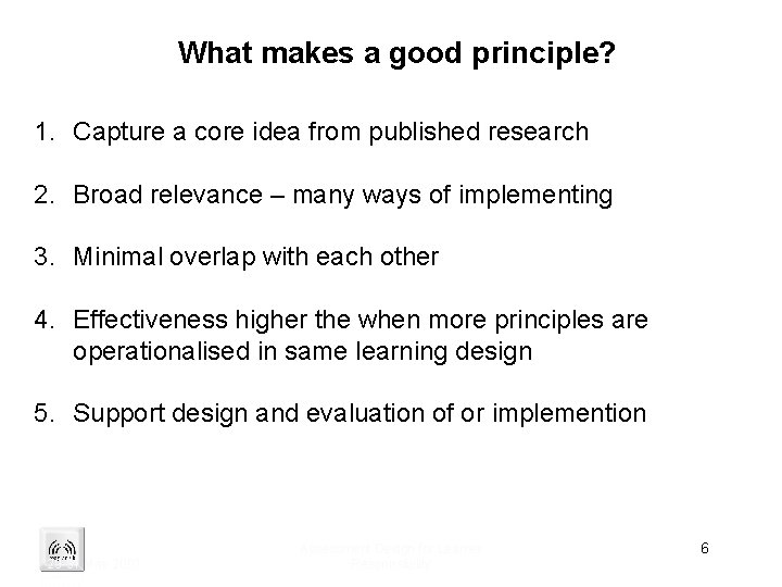 What makes a good principle? 1. Capture a core idea from published research 2.