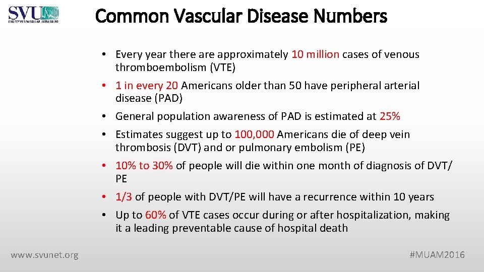 Common Vascular Disease Numbers • Every year there approximately 10 million cases of venous Common Vascular Disease Numbers • Every year there approximately 10 million cases of venous