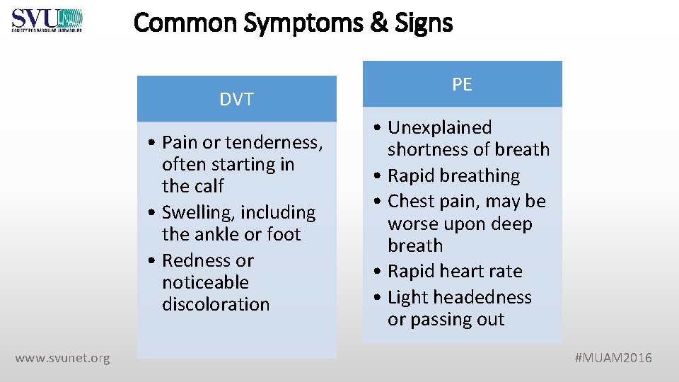 Common Symptoms & Signs DVT • Pain or tenderness, often starting in the calf