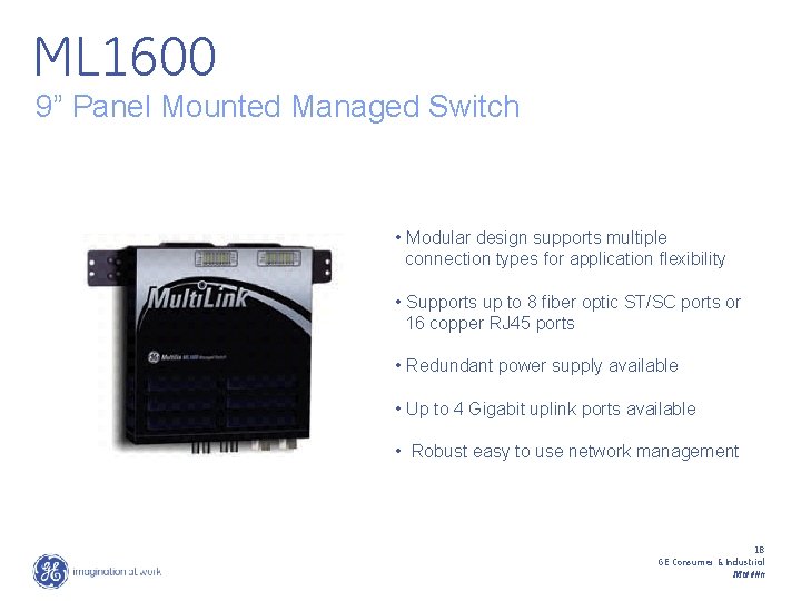 ML 1600 9” Panel Mounted Managed Switch • Modular design supports multiple connection types