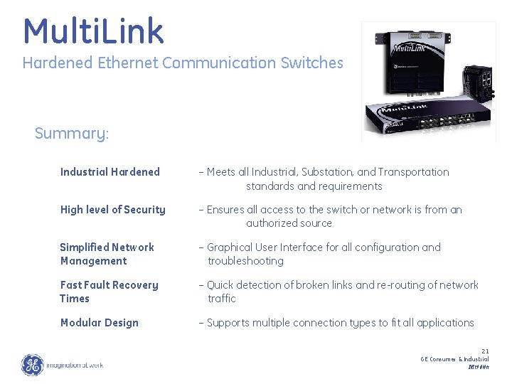 Multi. Link Hardened Ethernet Communication Switches Summary: Industrial Hardened – Meets all Industrial, Substation,