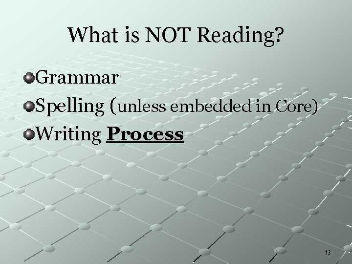 What is NOT Reading? Grammar Spelling (unless embedded in Core) Writing Process 13 What is NOT Reading? Grammar Spelling (unless embedded in Core) Writing Process 13