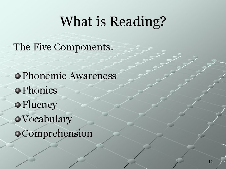 What is Reading? The Five Components: Phonemic Awareness Phonics Fluency Vocabulary Comprehension 14 What is Reading? The Five Components: Phonemic Awareness Phonics Fluency Vocabulary Comprehension 14