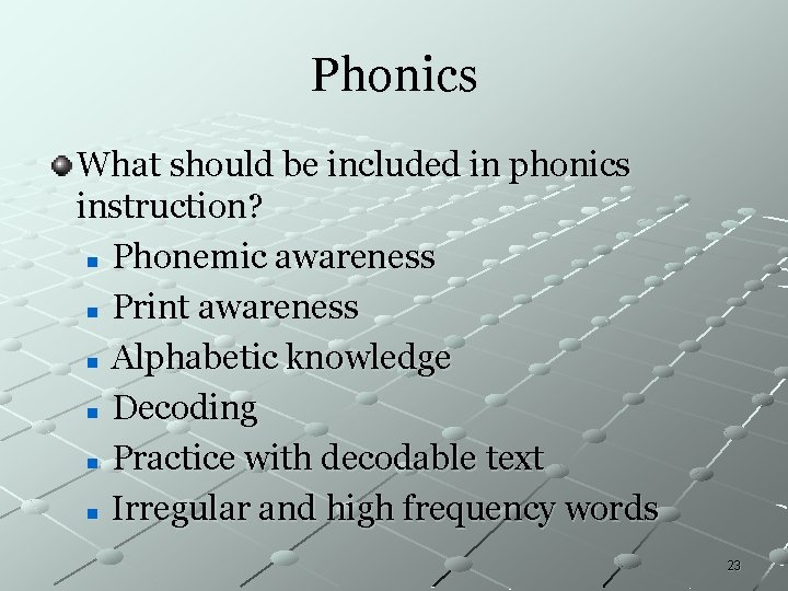 Phonics What should be included in phonics instruction? n Phonemic awareness n Print awareness Phonics What should be included in phonics instruction? n Phonemic awareness n Print awareness