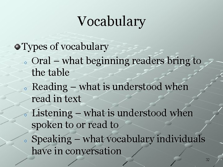 Vocabulary Types of vocabulary o Oral – what beginning readers bring to the table Vocabulary Types of vocabulary o Oral – what beginning readers bring to the table