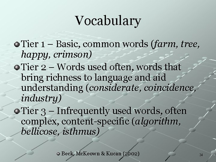 Vocabulary Tier 1 – Basic, common words (farm, tree, happy, crimson) Tier 2 – Vocabulary Tier 1 – Basic, common words (farm, tree, happy, crimson) Tier 2 –