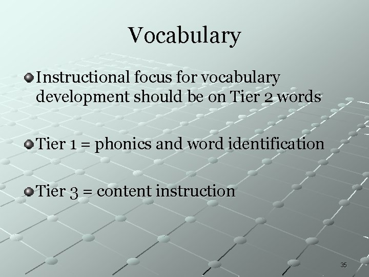 Vocabulary Instructional focus for vocabulary development should be on Tier 2 words Tier 1 Vocabulary Instructional focus for vocabulary development should be on Tier 2 words Tier 1