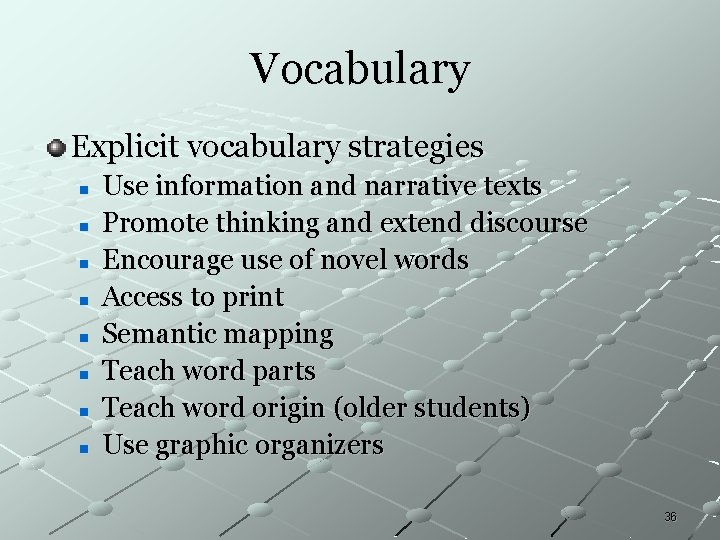Vocabulary Explicit vocabulary strategies n n n n Use information and narrative texts Promote Vocabulary Explicit vocabulary strategies n n n n Use information and narrative texts Promote