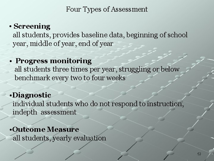 Four Types of Assessment • Screening all students, provides baseline data, beginning of school Four Types of Assessment • Screening all students, provides baseline data, beginning of school