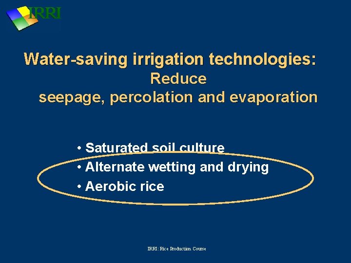Water-saving irrigation technologies: Reduce seepage, percolation and evaporation • Saturated soil culture • Alternate