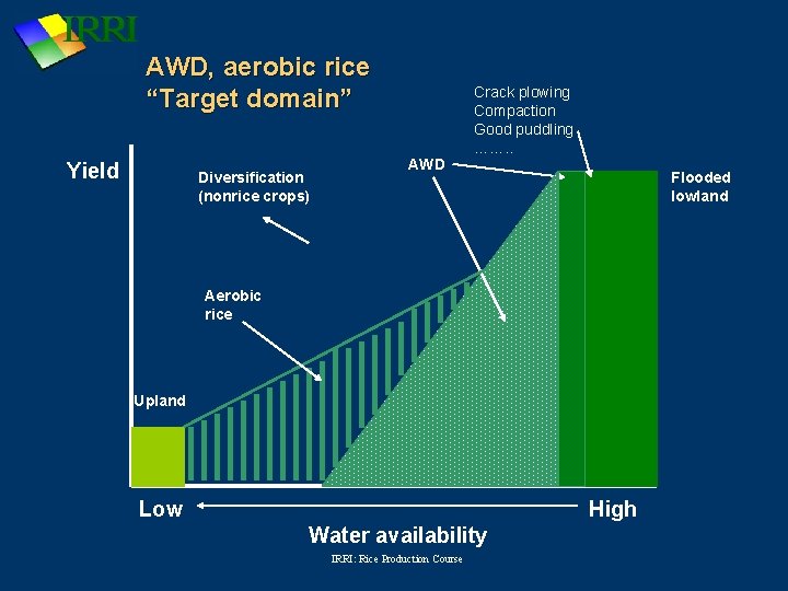 AWD, aerobic rice “Target domain” Yield Diversification (nonrice crops) AWD Crack plowing Compaction Good