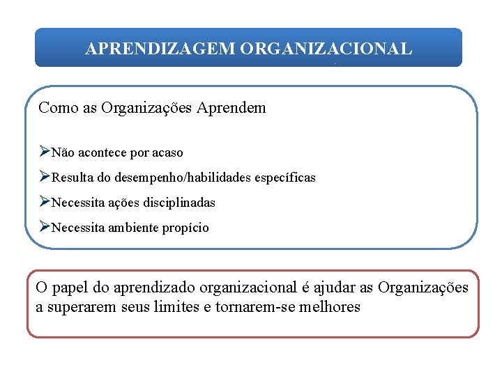 APRENDIZAGEM ORGANIZACIONAL Como as Organizações Aprendem ØNão acontece por acaso ØResulta do desempenho/habilidades específicas