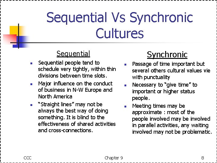 Sequential Vs Synchronic Cultures Synchronic Sequential n n n CCC Sequential people tend to