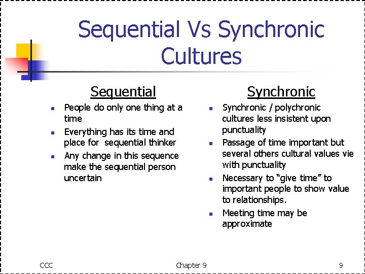 Sequential Vs Synchronic Cultures Sequential n n n Synchronic People do only one thing