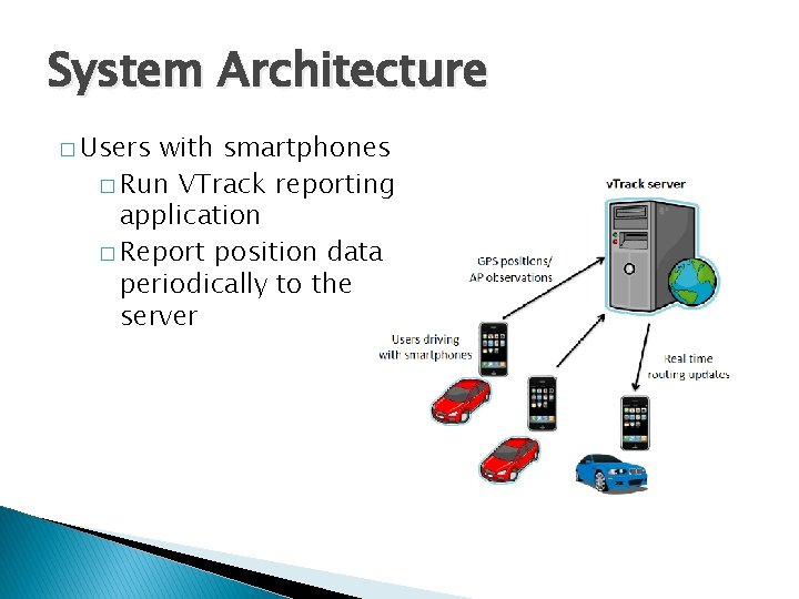 System Architecture � Users with smartphones � Run VTrack reporting application � Report position