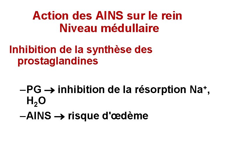 Action des AINS sur le rein Niveau médullaire Inhibition de la synthèse des prostaglandines