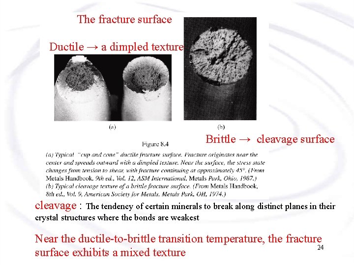 The fracture surface Ductile → a dimpled texture Brittle → cleavage surface cleavage :