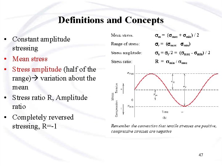 Definitions and Concepts • Constant amplitude stressing • Mean stress • Stress amplitude (half