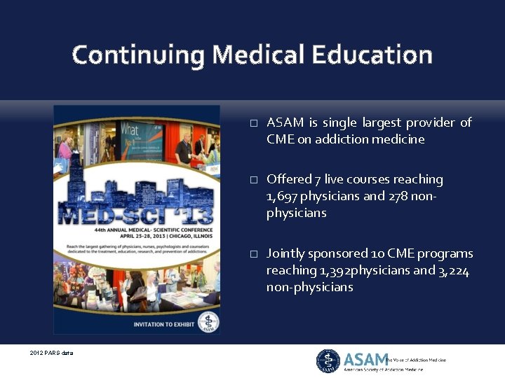 Continuing Medical Education 2012 PARS data � ASAM is single largest provider of CME