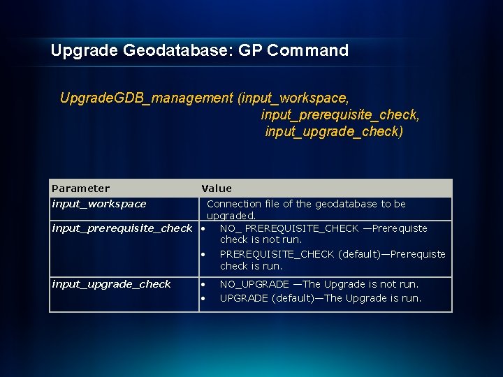 Upgrade Geodatabase: GP Command Upgrade. GDB_management (input_workspace, input_prerequisite_check, input_upgrade_check) Parameter Value input_workspace Connection file