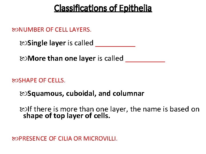 Classifications of Epithelia NUMBER OF CELL LAYERS. Single layer is called _____ More than