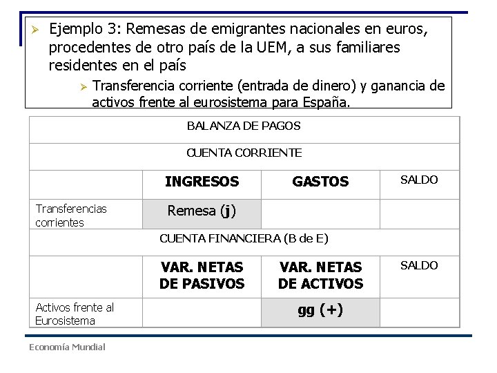 Ø Ejemplo 3: Remesas de emigrantes nacionales en euros, procedentes de otro país de Ø Ejemplo 3: Remesas de emigrantes nacionales en euros, procedentes de otro país de