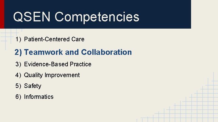 QSEN Competencies 1) Patient-Centered Care 2) Teamwork and Collaboration 3) Evidence-Based Practice 4) Quality