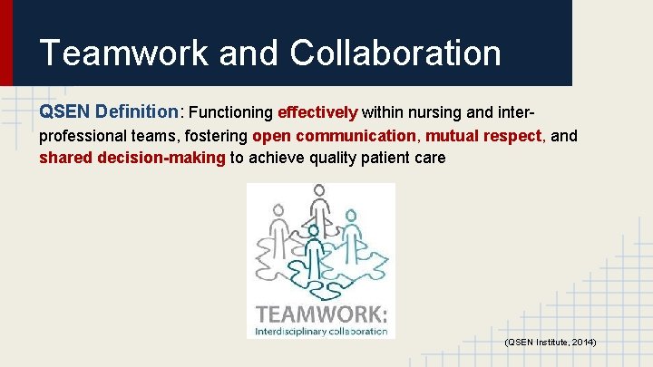 Teamwork and Collaboration QSEN Definition: Functioning effectively within nursing and interprofessional teams, fostering open