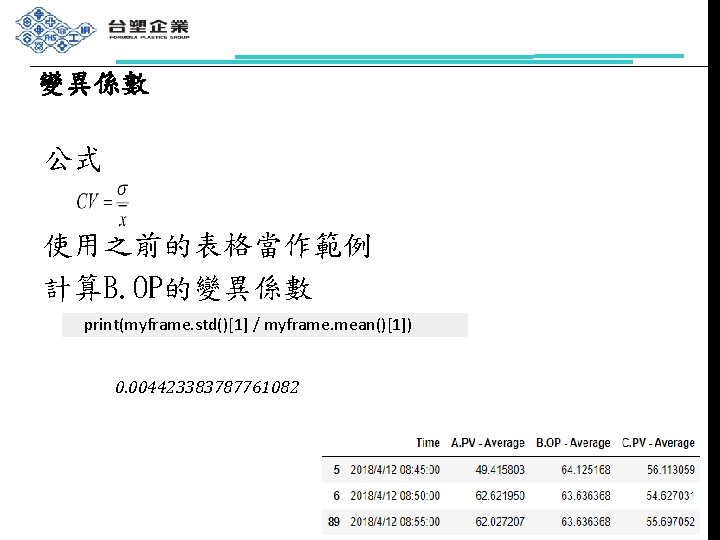 變異係數 公式 使用之前的表格當作範例 計算B. OP的變異係數 print(myframe. std()[1] / myframe. mean()[1]) 0. 004423383787761082 