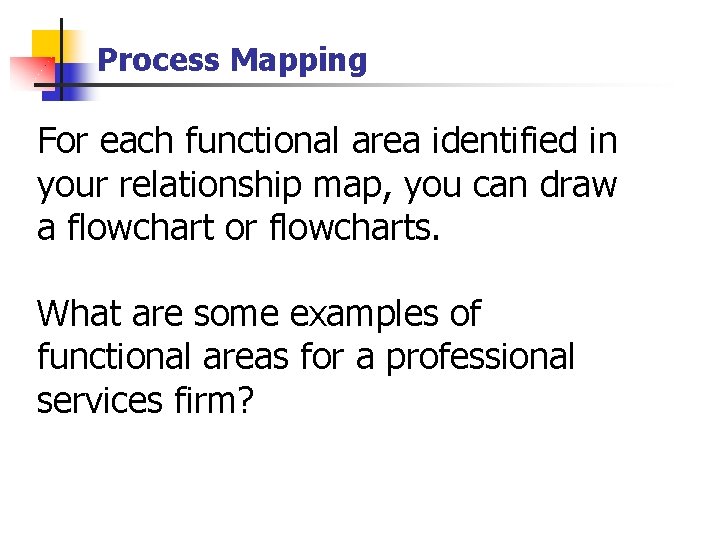 Process Mapping For each functional area identified in your relationship map, you can draw