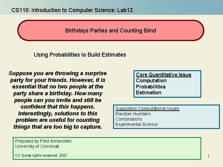 CS 110: Introduction to Computer Science: Lab 12 Birthdays Parties and Counting Blind Using