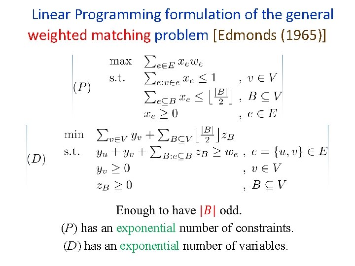  Linear Programming formulation of the general weighted matching problem [Edmonds (1965)] (P) has