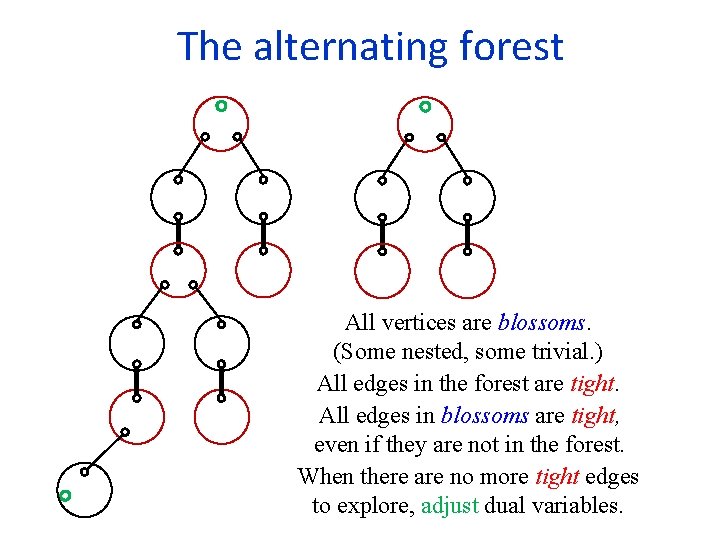  The alternating forest All vertices are blossoms. (Some nested, some trivial. ) All