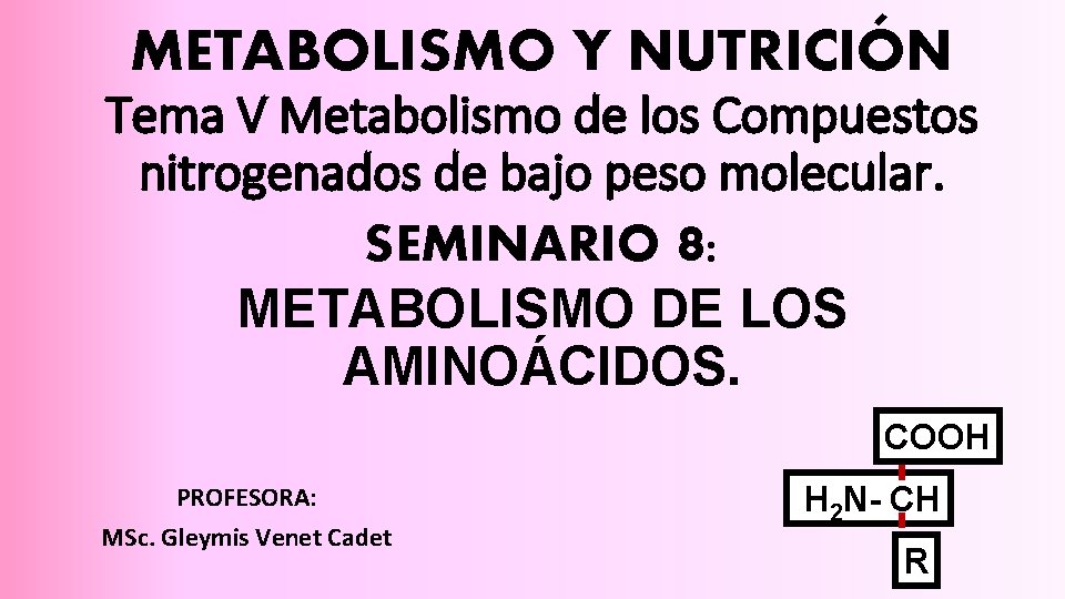 METABOLISMO Y NUTRICIÓN Tema V Metabolismo de los Compuestos nitrogenados de bajo peso molecular.