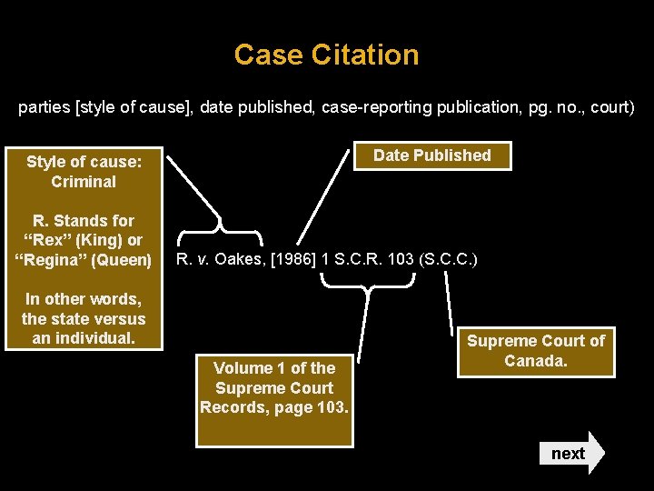 Case Citation parties [style of cause], date published, case-reporting publication, pg. no. , court)