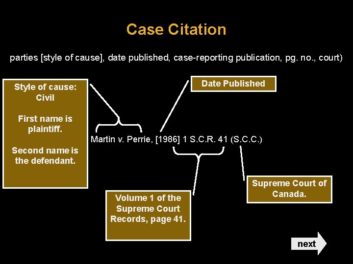 Case Citation parties [style of cause], date published, case-reporting publication, pg. no. , court)