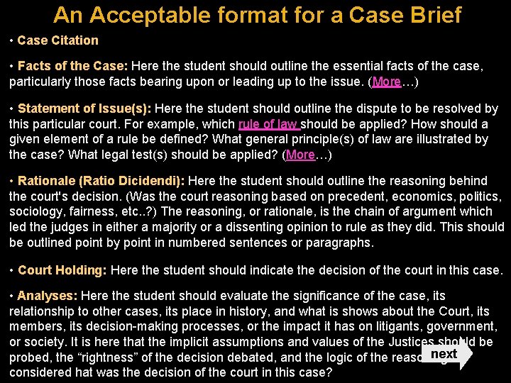 An Acceptable format for a Case Brief • Case Citation • Facts of the